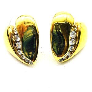 KREMENTZ Vintage Puffed Heart Earrings Pierced Gold Tone Channel Set Rhinestones